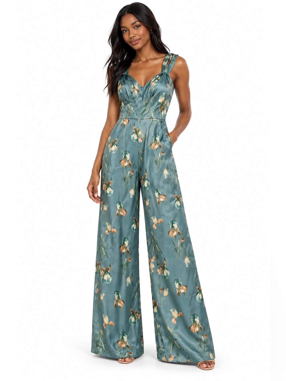 Lulus Gorgeous Stance Teal Green Floral Satin Wide-Leg Jumpsuit